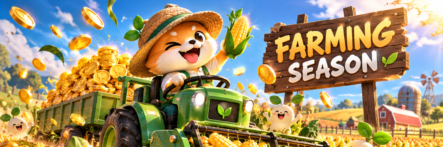 Farming Season Shiba on a green tractor beside the Farming Season wooden sign