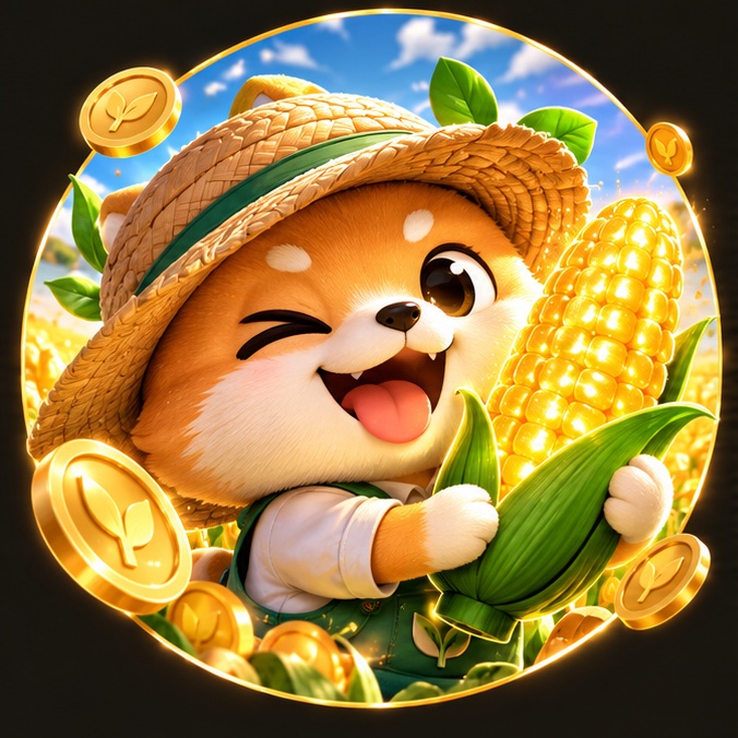The Farming Season Shiba wearing a straw hat and holding golden corn